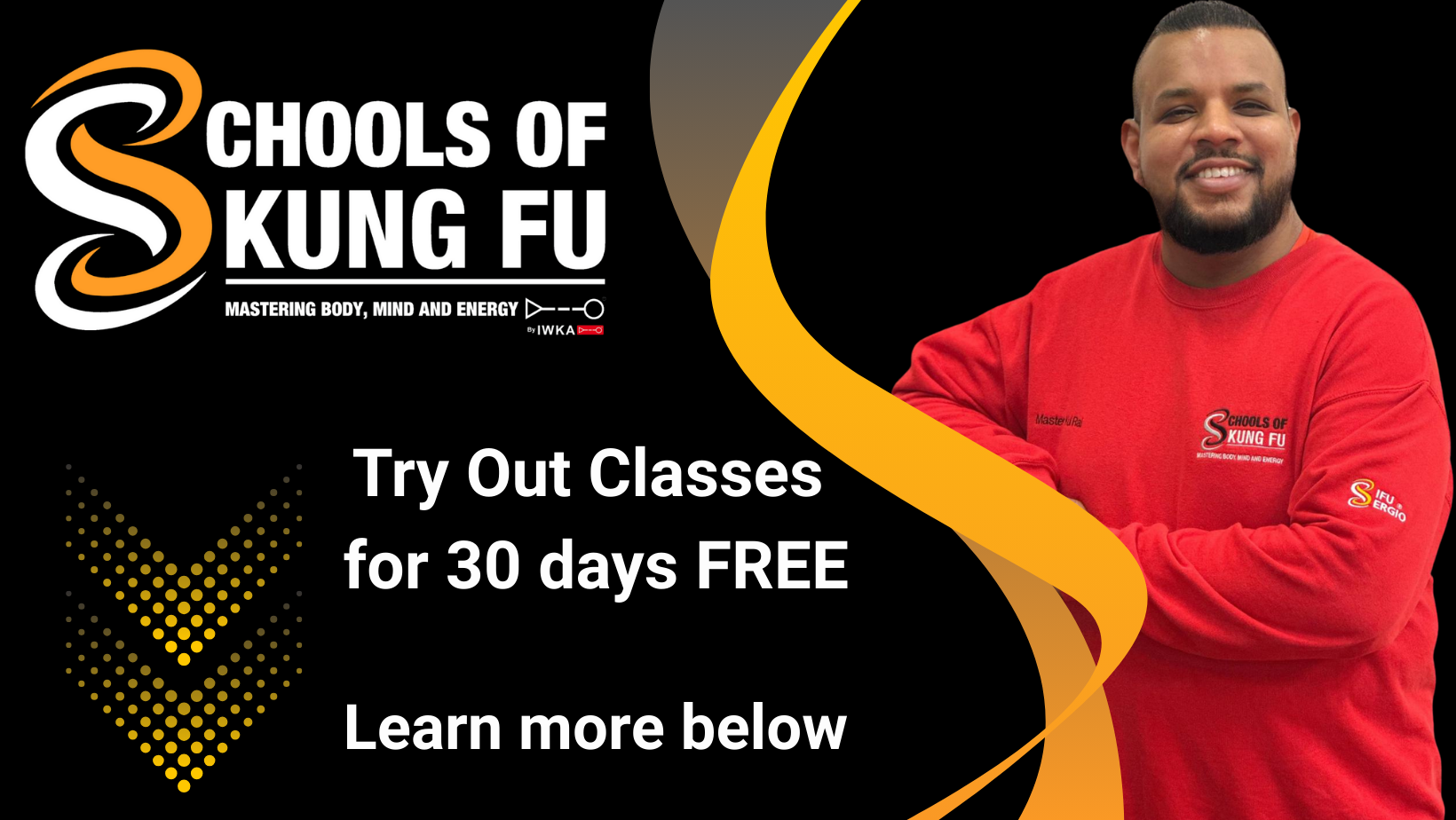 Sifu Kul leaning into an orange S for Sifu Sergio